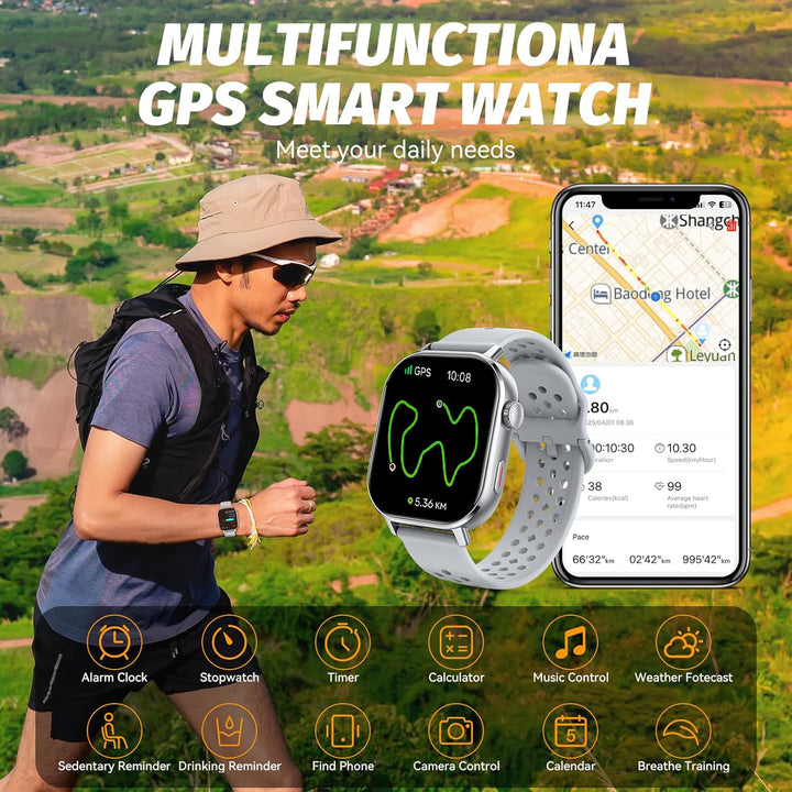 uaue Smartwatch Damen Herren mit GPS, 2.06" AMOLED Display, 5ATM Wasserdicht, Bluetooth Anruf, 178+