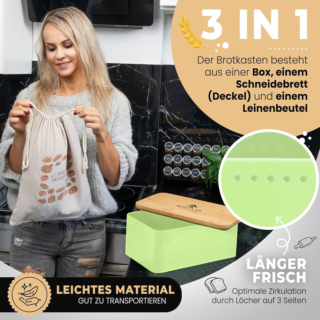 Brotkasten I Brotbox aus Metall mit Leinenbeutel I hochwertiger stabiler Bambusdeckel verwendbar als
