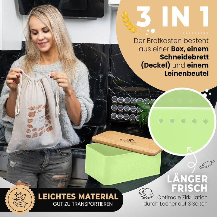 Brotkasten I Brotbox aus Metall mit Leinenbeutel I hochwertiger stabiler Bambusdeckel verwendbar als