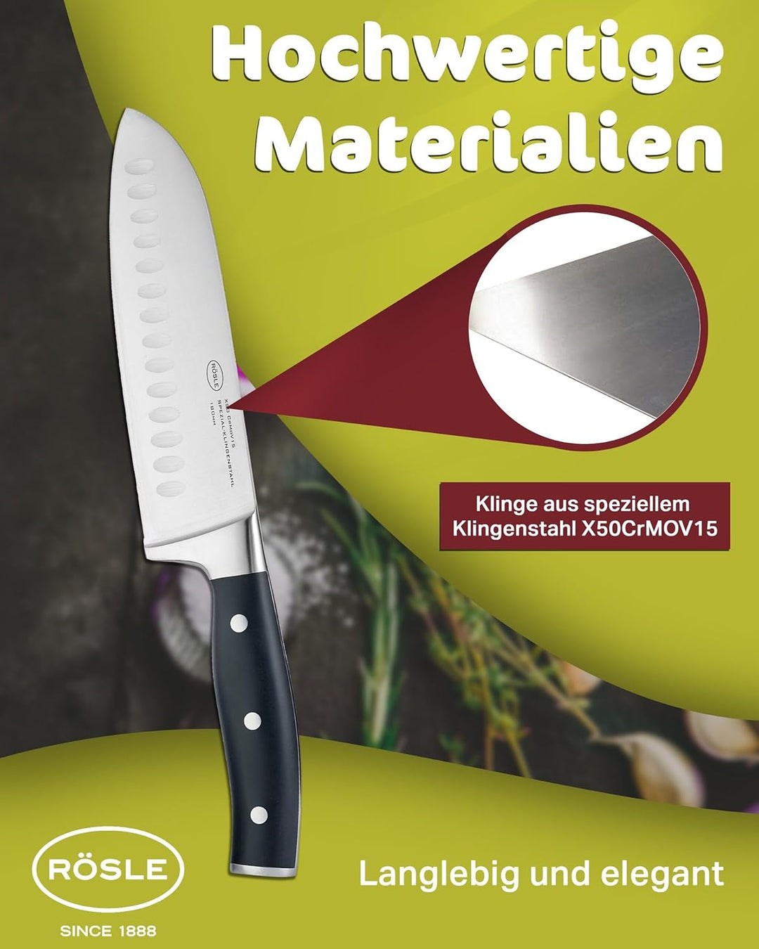 RÖSLE Santokumesser Tradition, Hochwertiges Küchenmesser mit Kullenschliff zum feinen Schneiden von