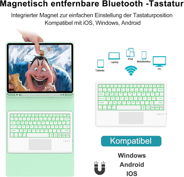 Hülle mit Tastatur für iPad Pro 12.9 (6/5/4/3 Gen), 7 Farben Beleuchtung, Multi Touch Trackpad, Deut