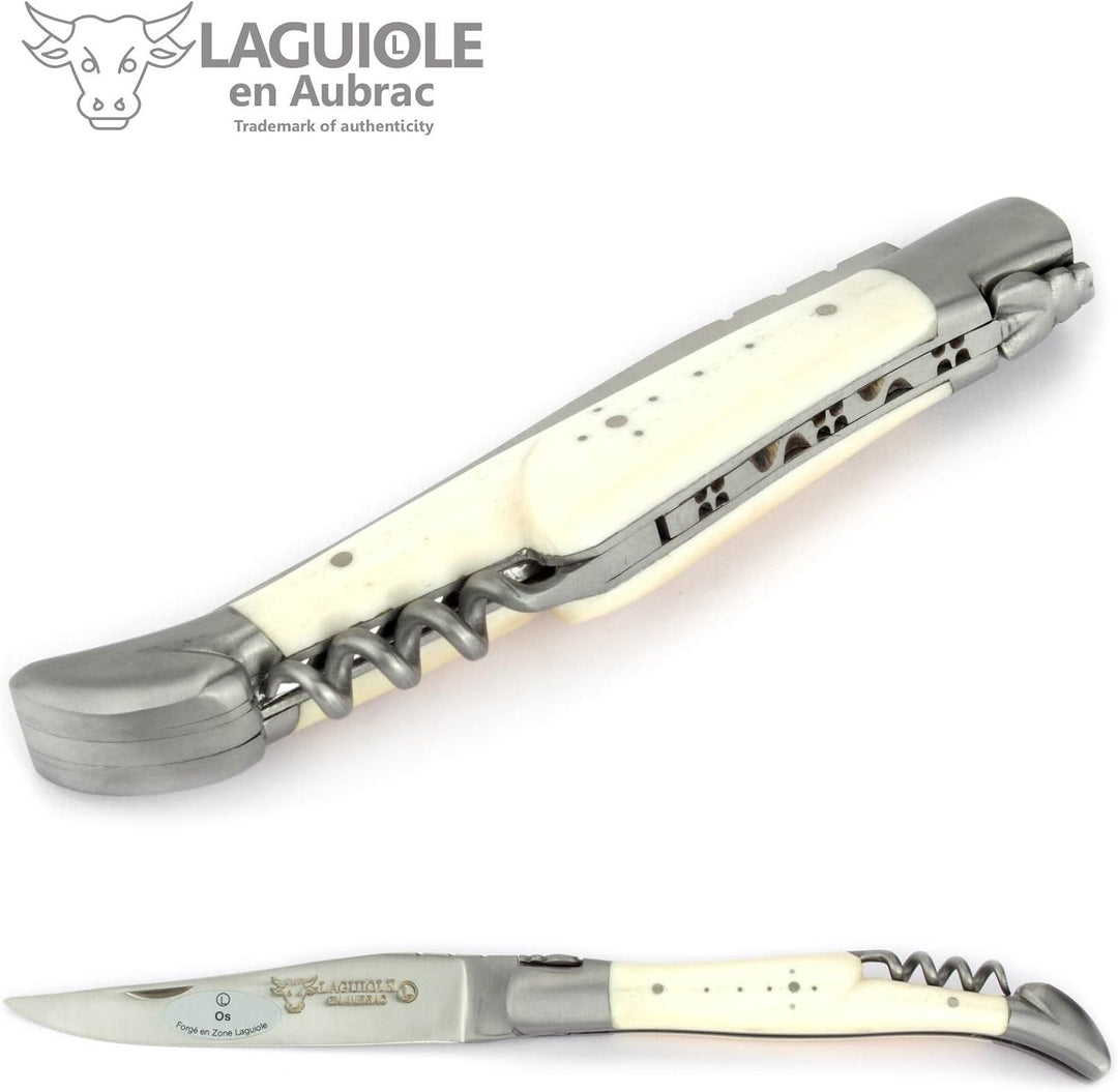 Laguiole en Aubrac Taschenmesser Korkenzieher 12 cm Griff Knochen L0312OSIF, Messer Klinge matt, Bac