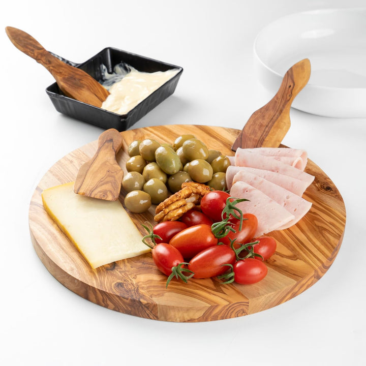 Handgefertigtes rundes Paddelbrett aus Olivenholz – gestreiftes Servierbrett für Käse, Brot und Vors