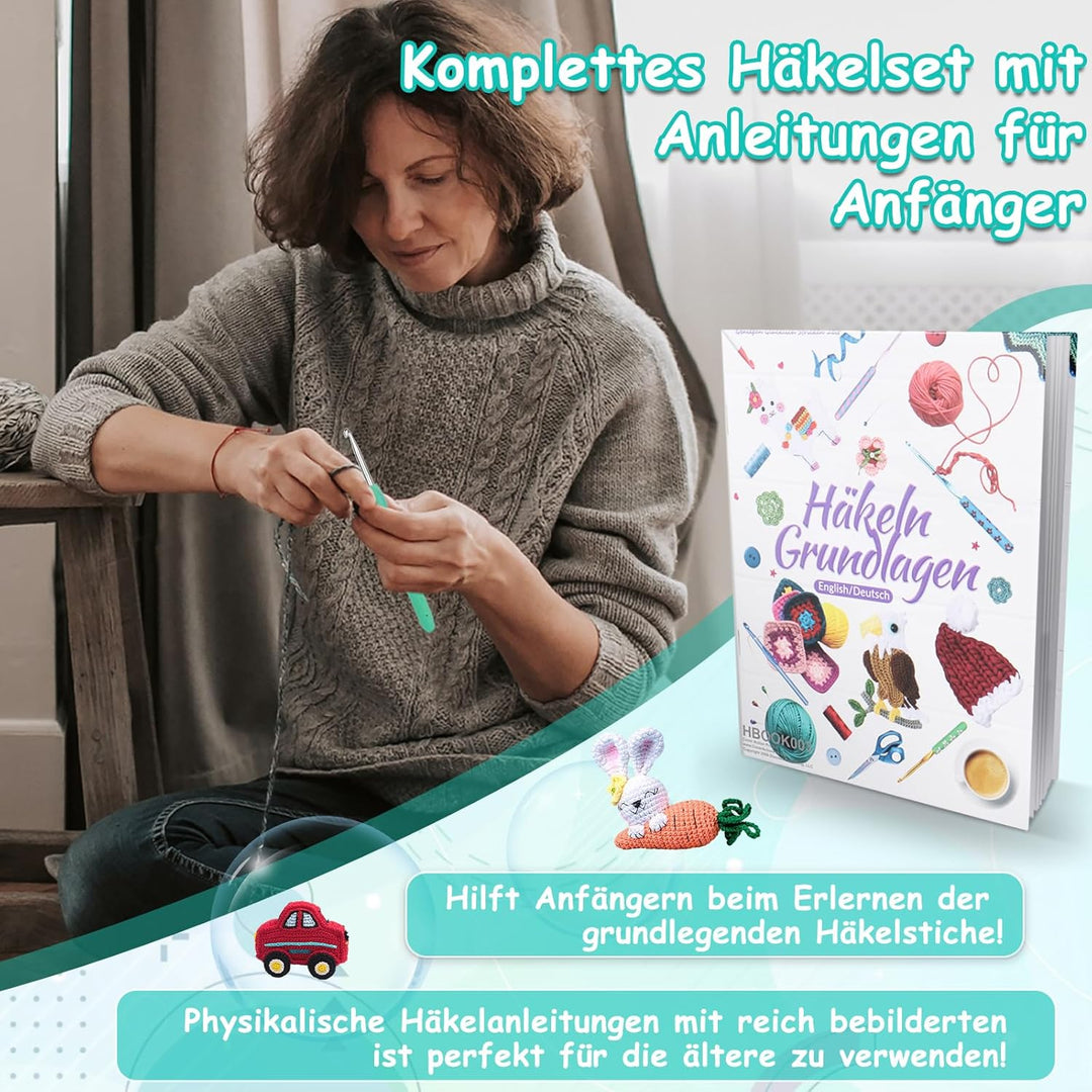 Coopay 73 Stück Häkelset für Anfänger, Tragbar Häkelnadel Set mit 15 Wolle, Tasche, Häkelzubehör, 2,