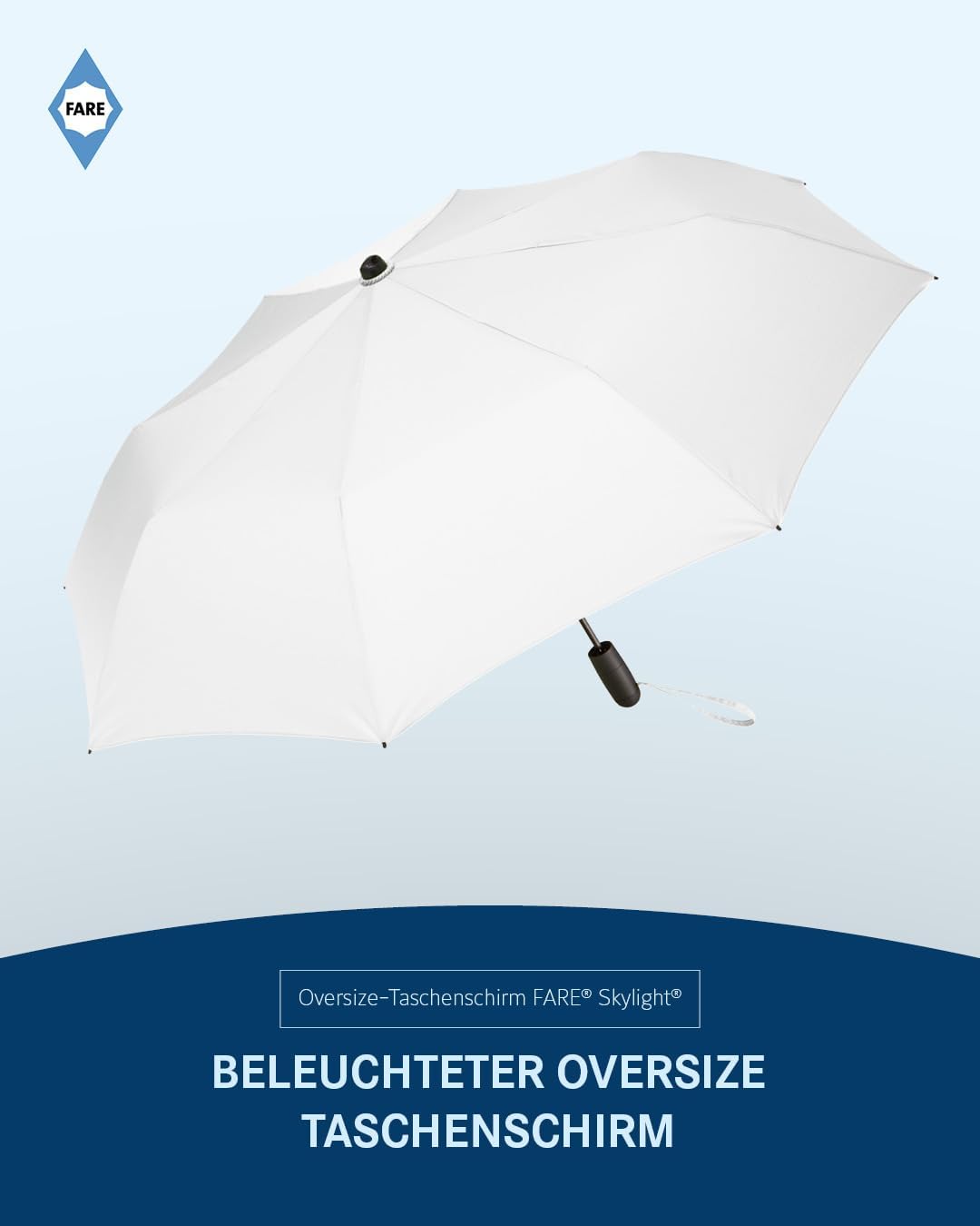 FARE Oversize-Taschenschirm Skylight (weiss) - Effektvoller Regenschirm mit LED-Innenbeleuchtung und