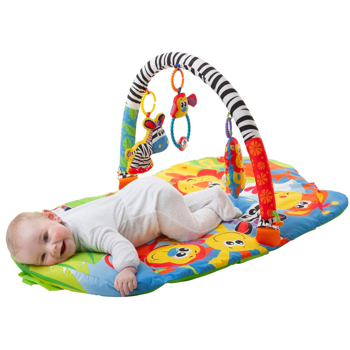 Playgro Krabbeldecke mit Spielbogen, Mit abnehmbarem Spielzeug, Ab 0 Monate, Safari Super Gym, Bunt,