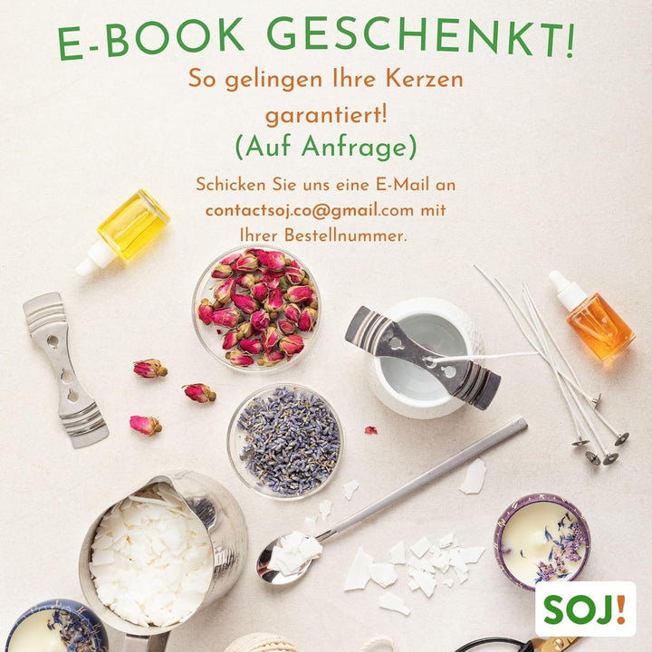 Sojawachs 1KG für Kerzen ohne GVO - Kerzenwachs zum Giessen - E-Book + 15 Dochte - verschiedene Grös