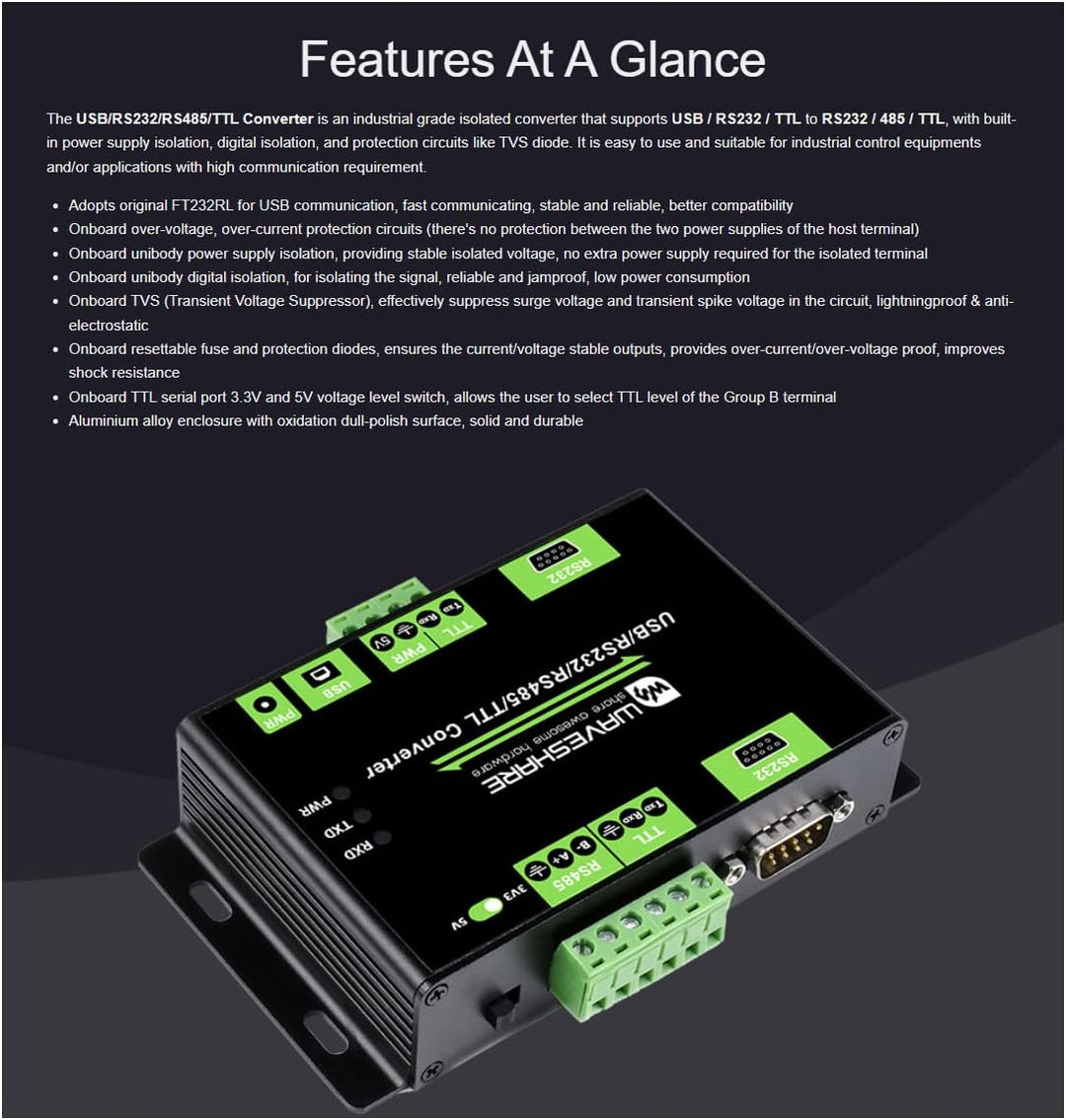 Waveshare Industrial USB / RS232 / TTL to RS232 / 485 / TTL Isolated Multi-Bus Converter Adapter Mod