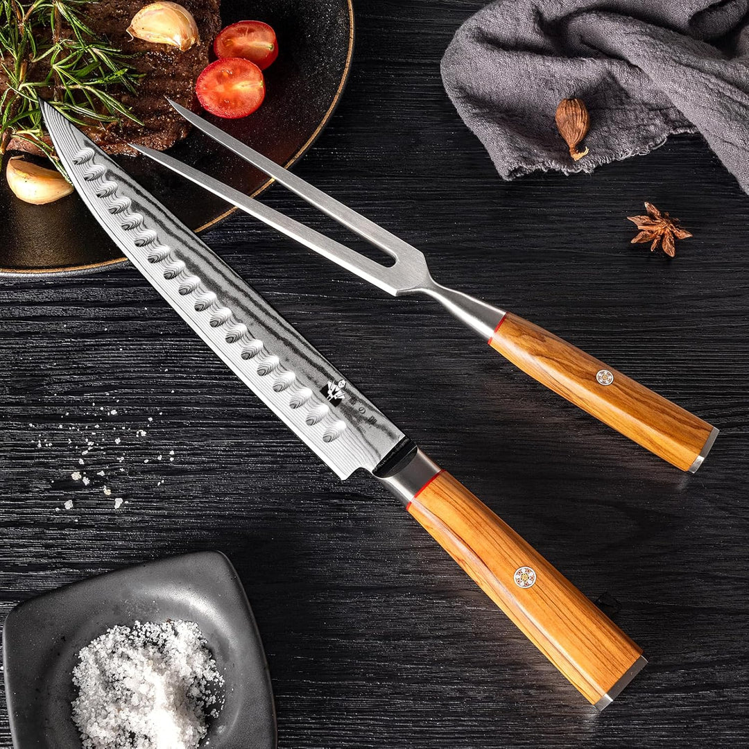 Damast Tranchier-Set mit Gabel, 2-teilig, Fleischmesser Mit Extrem Scharf 22,5cm Klinge Aus 67 Lagen