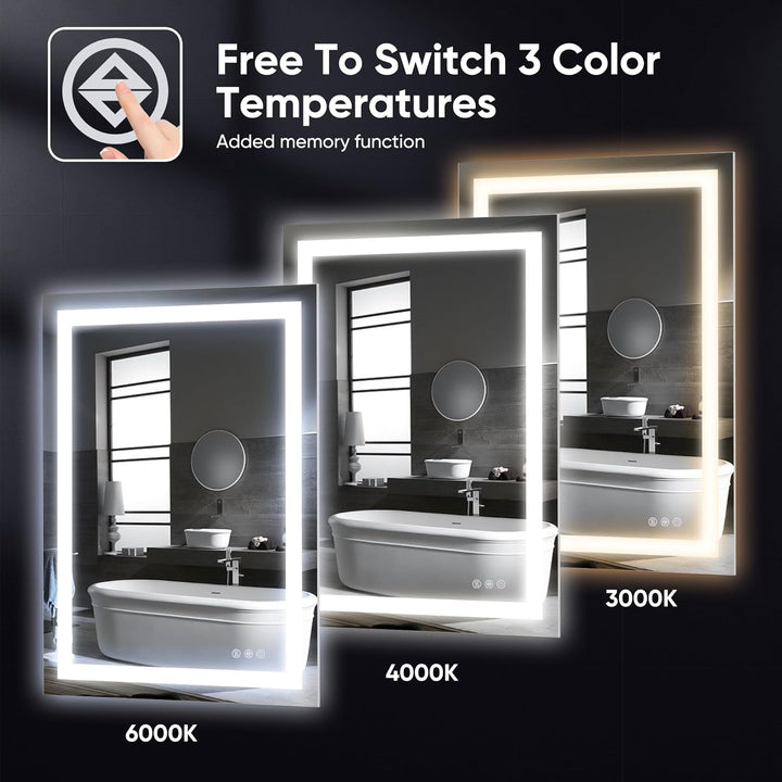 Antok 80x60cm LED Badezimmerspiegel mit Beleuchtung, dimmbarer beschlagfreier Smart-Spiegel mit 3 Fa