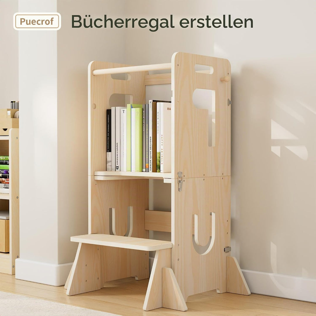 Lernturm für Kinder, klappbarer 3-in-1 Küchenhelfer Tritthocker aus Holz mit Kreidetafel, mit Sicher