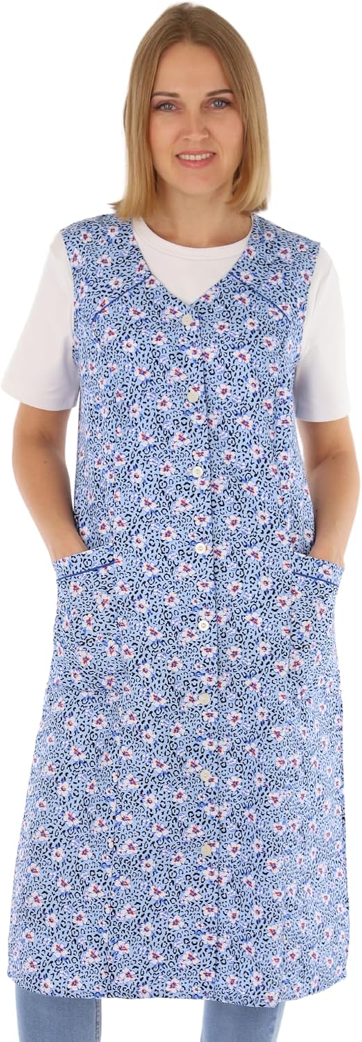 Knopfkittel Baumwolle bunt Kochschürze Hauskleid Kittel Schürze ohne Arm 40 Blau, 40 Blau