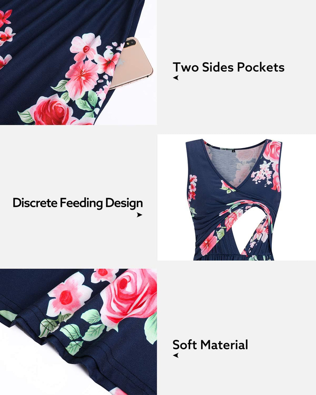 OUGES Damen Sommer Umstandskleid Stillkleid Baumwolle Schwangere Lässiges Frühling Kleider mit Tasch