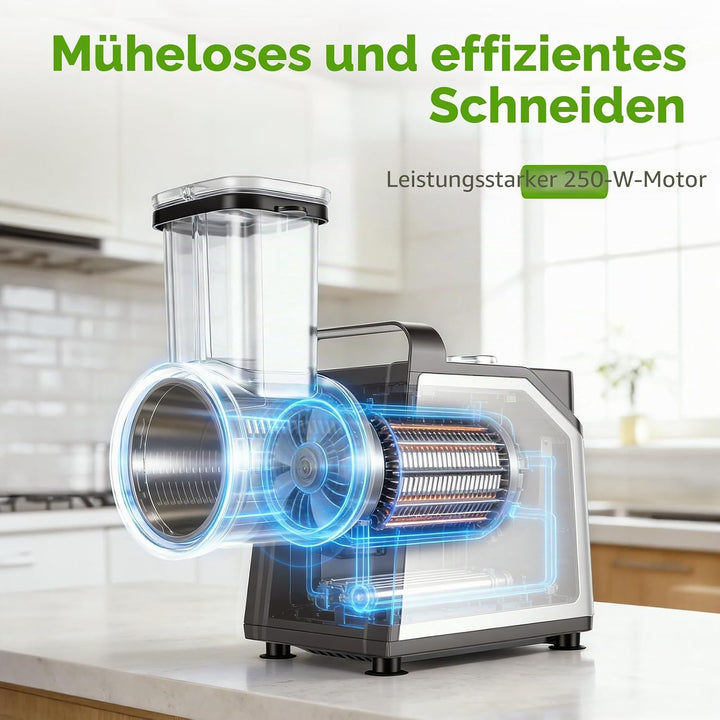 Gemüseschneider Elektrisch 250W, Gemüsehobel Elektrisch mit 7 Edelstahlklingen, Elektrische Reibe mi