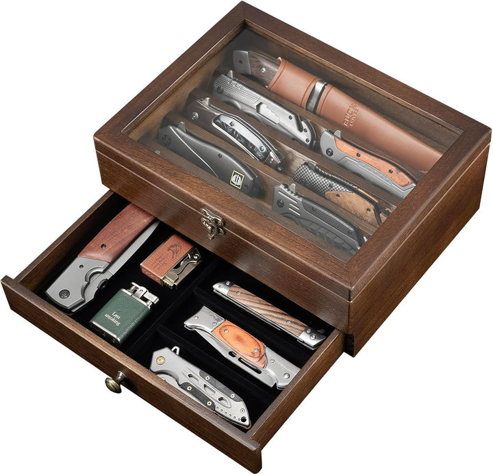 2 Etagen Messerhalter, Holz Messerständer, Messer Vitrine mit Schublade und Hochauflösendem Glas, Sa