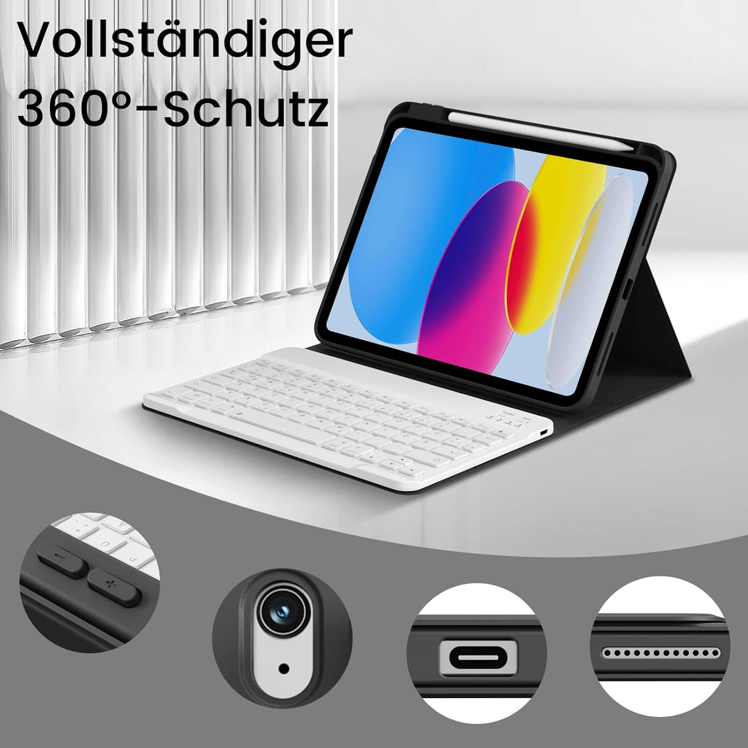 Hülle mit Tastatur für iPad 11/10 Generation mit Stifthalter, Magnetisch Abnehmbare Kabellose Blueto