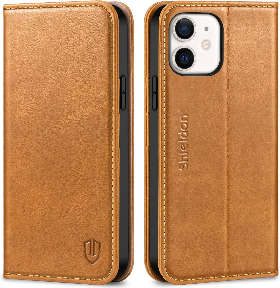 SHIELDON Hülle für iPhone 12 Pro, Handyhülle iPhone 12 [Erstklassig Rindsleder] [Kartenfach] [Magnet
