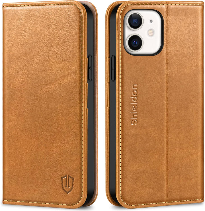 SHIELDON Hülle für iPhone 12 Pro, Handyhülle iPhone 12 [Erstklassig Rindsleder] [Kartenfach] [Magnet