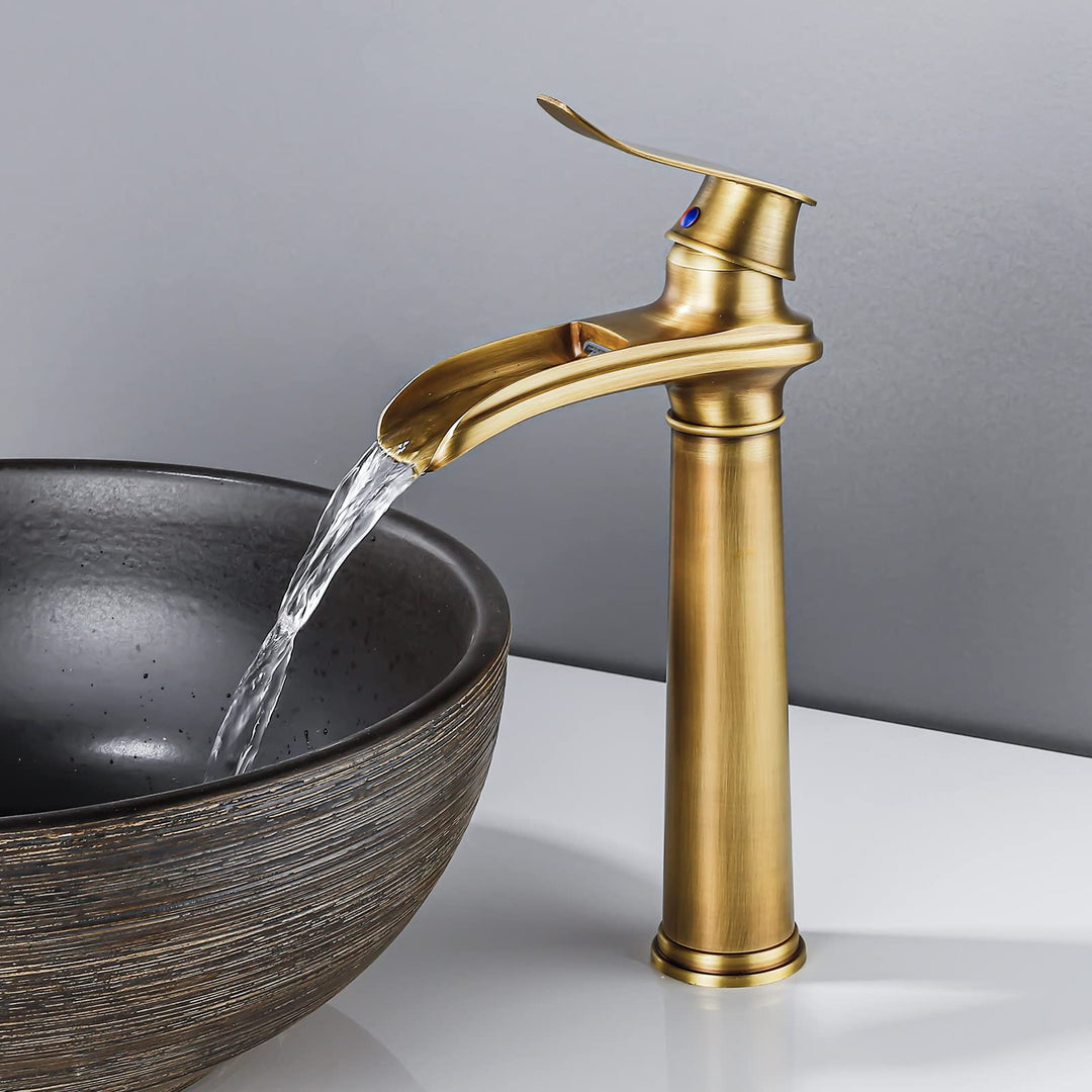 YAGJIA Wasserhahn Bad Hoch Antik, Waschtischarmatur Wasserfall Retro, Waschbecken Armaturen Messing,
