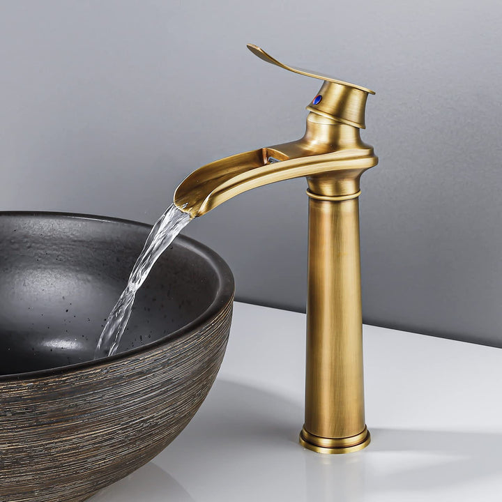 YAGJIA Wasserhahn Bad Hoch Antik, Waschtischarmatur Wasserfall Retro, Waschbecken Armaturen Messing,