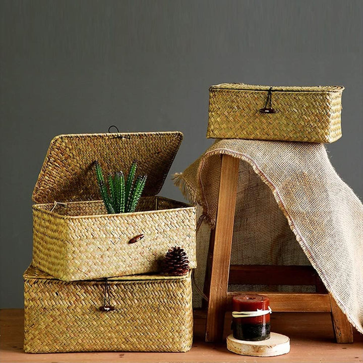 YSGLIFE Set mit 3 Seegras Gewebt Rattan Rechteckiger Ablagekorb Aufbewahrungsbox mit Deckel Mehrzwec