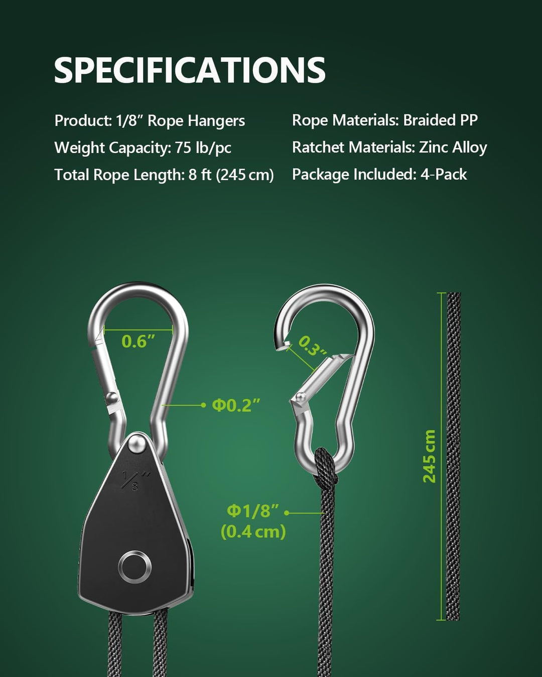 4 Stück 0,3 cm Verstellbarer Seilaufhänger, robuster Ratschen-Spanngurt mit verstärktem Metallgetrie