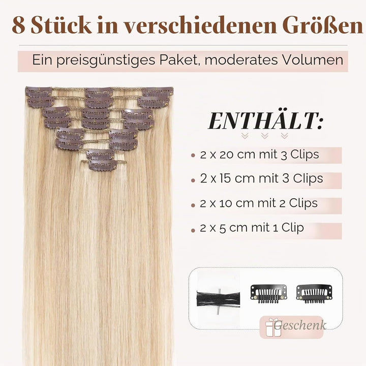 TESS Clip in Extensions Echthaar Blond, Echthaar Extensions Clip 8pcs 25 cm (50 g) Hair Extensions C