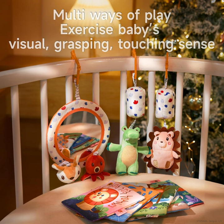 TUMAMA KIDS Baby Spielzeug mit Rassel, Spiegel, Knistertuch Buch, Sensorik Spielzeug für Kinderwagen