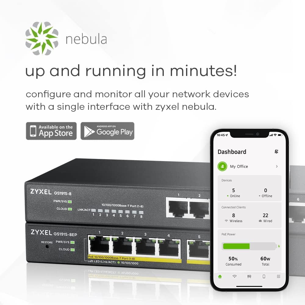 Zyxel 8-Port GbE PoE Smart Hybrid Mode Switch | Standalone oder Nebula Cloud | 60 Watt 802.3at | Des
