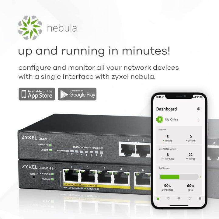 Zyxel GS1915-8, 8-Port GbE Smart hybrid Mode Switch, standalone or NebulaFlex Cloud, Desktop, fanles