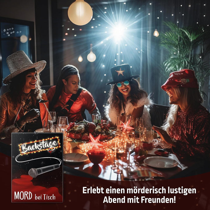 Mord bei Tisch Krimidinner für Zuhause - 6 bis 8 Personen - Der Backstage Fall - Das Krimi Spiel ab
