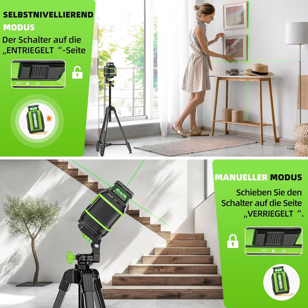 Huepar 360° Laser Wasserwaage mit 152 cm Stativ, Kreuzlinienlaser grün mit Pulsmodus, 3 Helligkeitss