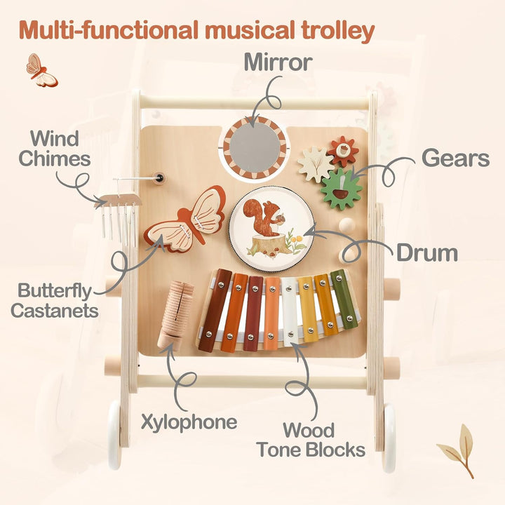 Lauflernwagen Holz Montessori Holzspielzeug Musikinstrumente für Kinder,Lauflernhilfe mit Musik und