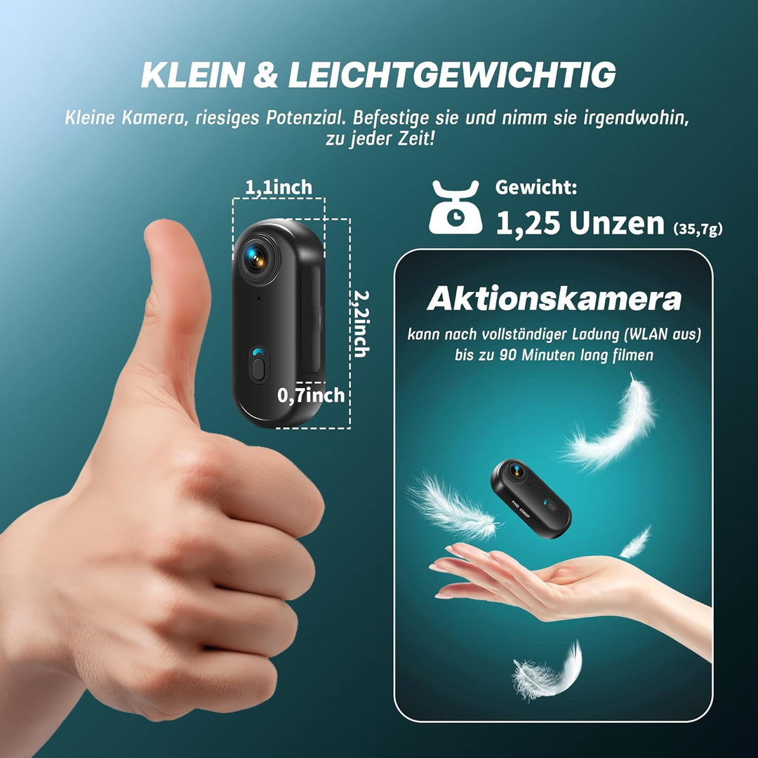 Action Cam 1080P und 16 GB Speicherkarte Mini Unterwasserkamera Wasserdicht bis 30M, 360° Helmkamera