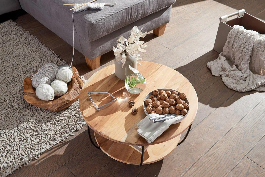 FineBuy Couchtisch 60x34,5x60 cm Akazie Massivholz/Metall Sofatisch | Design Wohnzimmertisch Rund |
