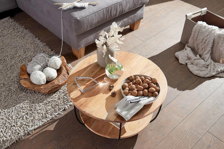 FineBuy Couchtisch 60x34,5x60 cm Akazie Massivholz/Metall Sofatisch | Design Wohnzimmertisch Rund |