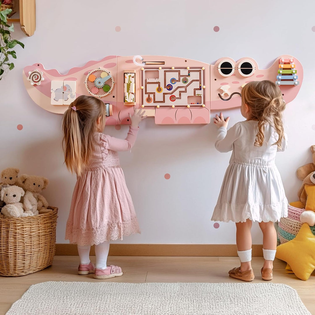 ROBUD Wandmontiertes Montessori Busy Board, 8-in-1 Activity Board Spielzeug Holz Beschäftigungsbrett