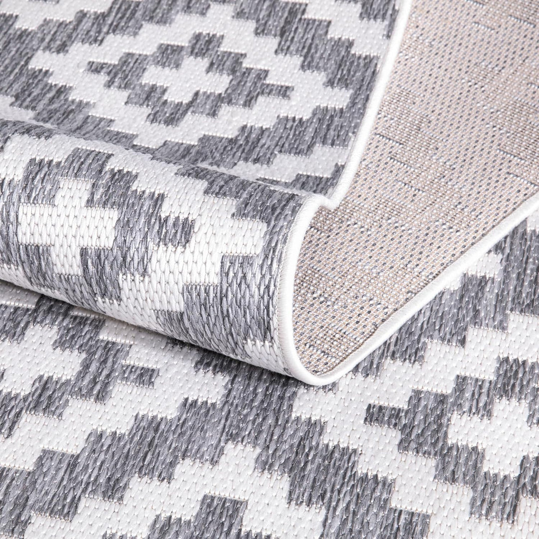 payé Outdoor Teppich Rund - 160x160cm - Wetterfest - Grau Weiss - Bordüre - Teppiche für Terrasse Ba