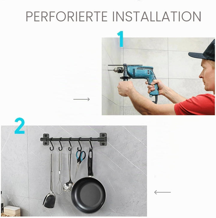 Schwarzer Aluminium-Utensilienhalter, Küchenregal, Wandmontage, Küchenschiene, Pfannenaufhänger mit