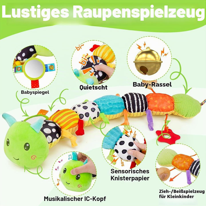 Baby Raupe Spielzeug 0-12 Monate, Musik Plüsch Bauchlage Spielzeug mit Rassel Knisterei Quietsche &