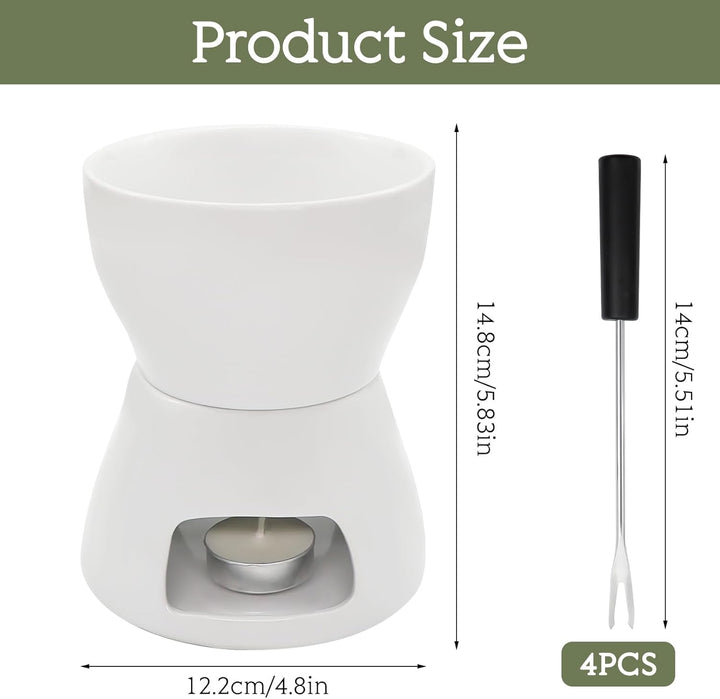 Schokofondue Tasse Set, Keramike Schokofondue mit 4 Gabeln und 1 Teelicht, Schokoladenfondue für Hau