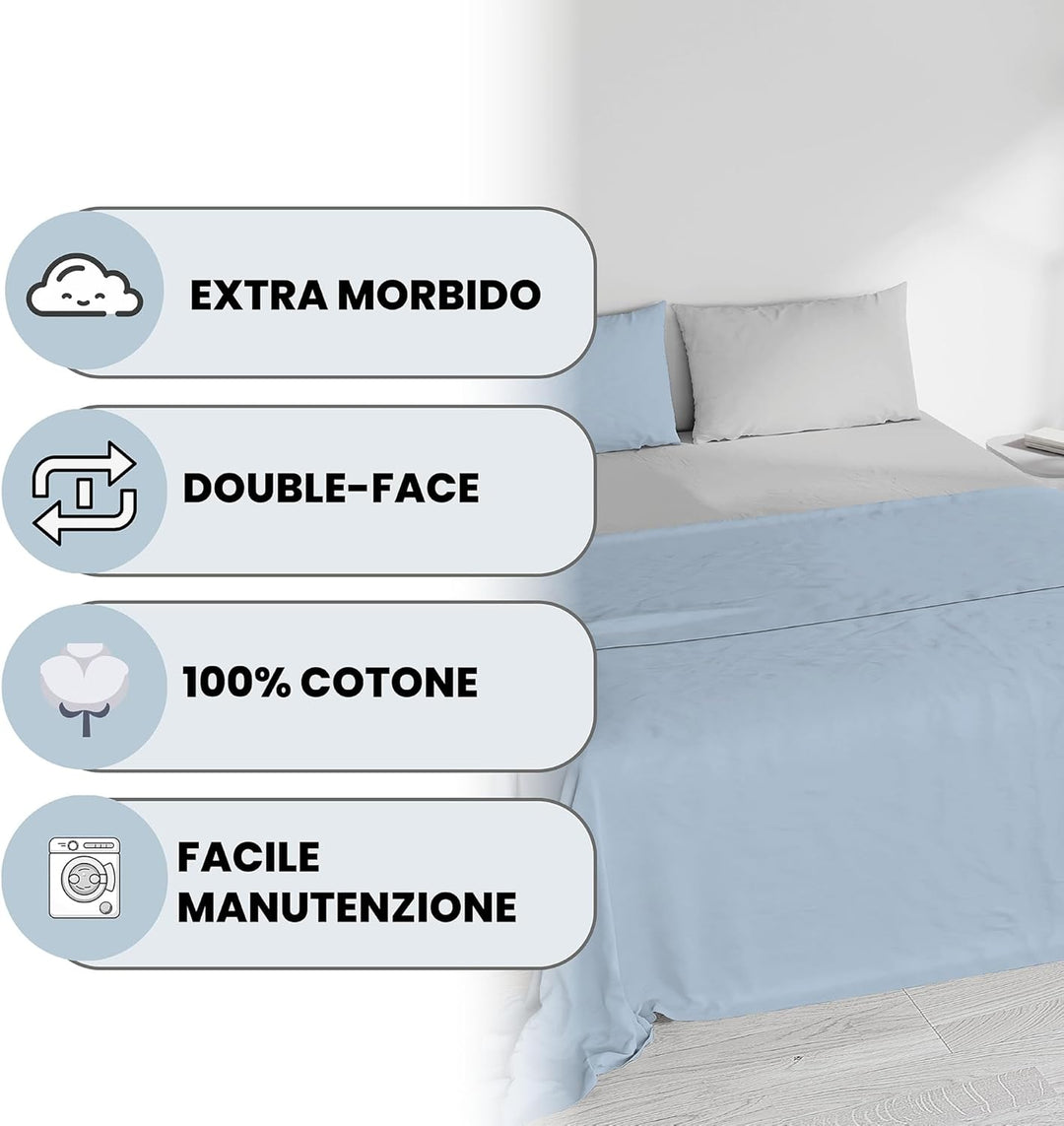 Italian Bed Linen “ Natural Color” Bettwäsche Set, Baumwolle, Hellblau/Hellgrau, Doppelte Hellblau/H