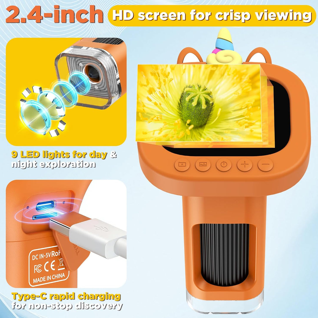 Digitales Handmikroskop für Kinder 1000X, Taschenmikroskop mit 2,4-Zoll-Farbdisplay, 9 LEDs, wiedera