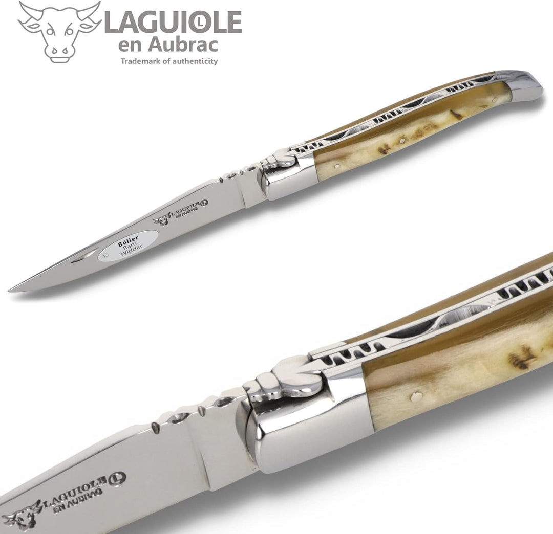 Laguiole en Aubrac Taschenmesser L0212BEIF 12 cm, Klinge 10 cm und Backen glänzend, Griff Widderkrus
