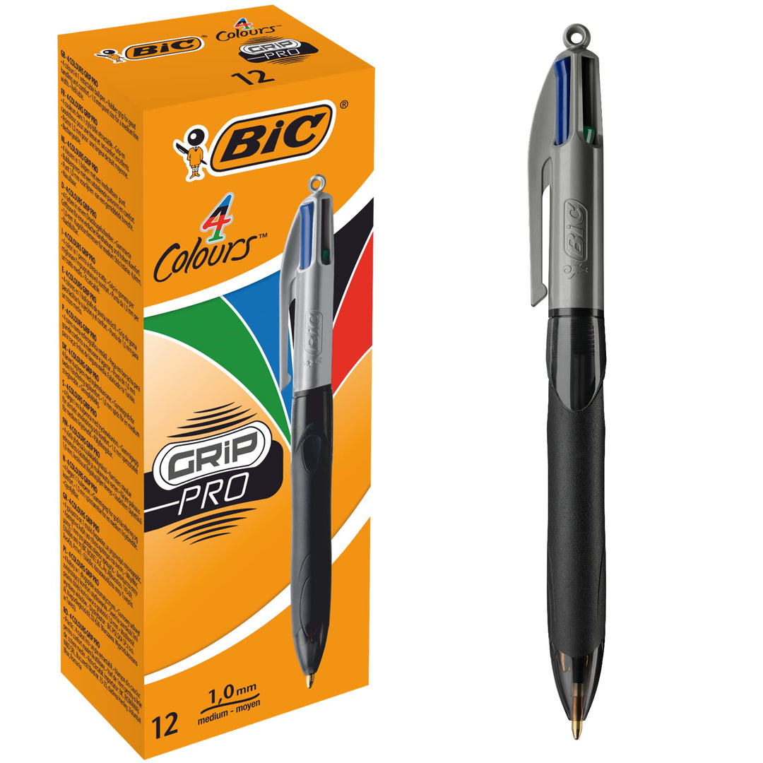BIC 4 Farben Kugelschreiber Set 4 Colours Grip Pro, mit gummierter Griff-Fläche, 12er Pack, Ideal fü