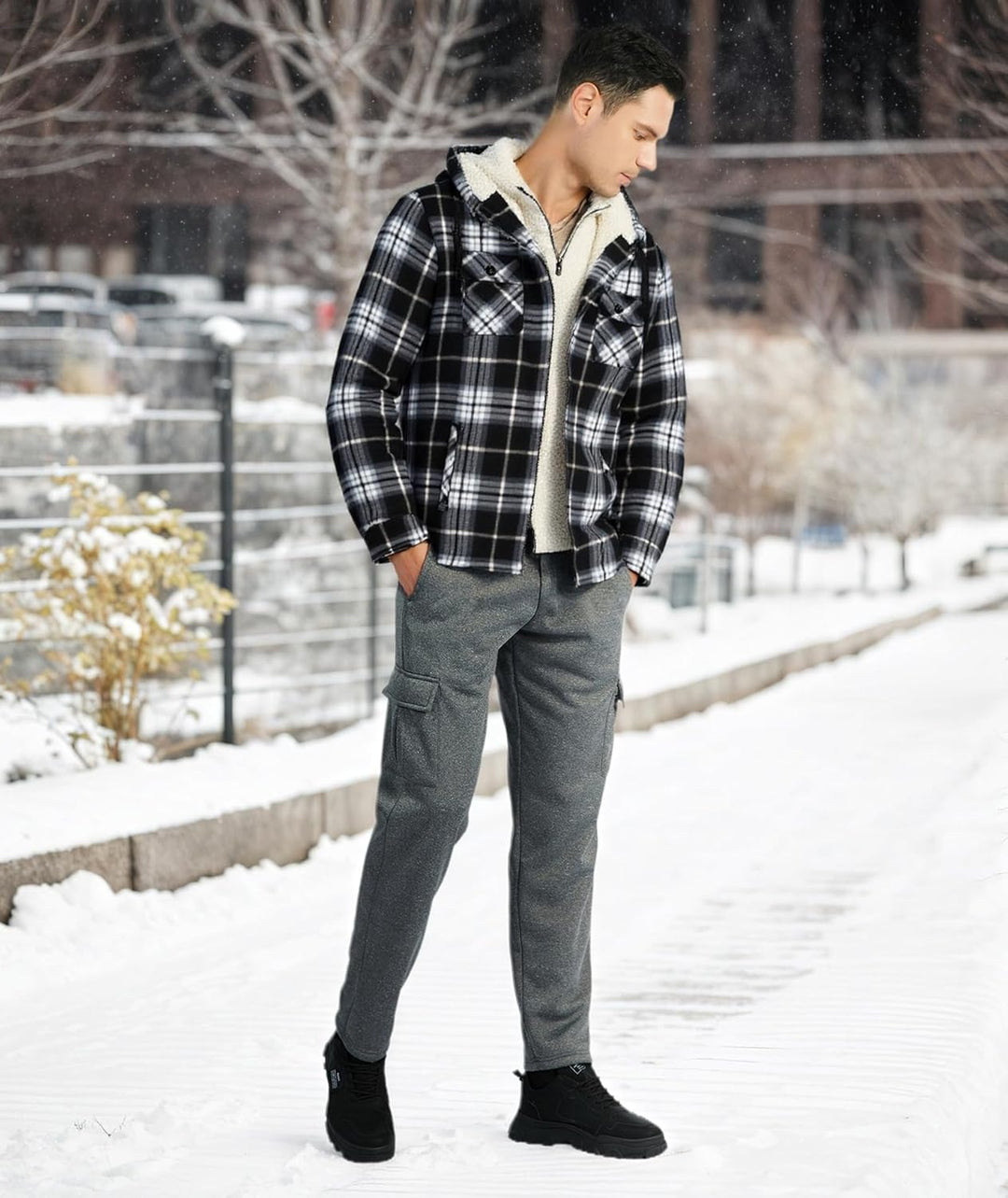 JACKETOWN Hemdjacke Kariertes Herren hoodies Flanelljacke Warm Thermohemd Herren Holzfäller Jacke Ve