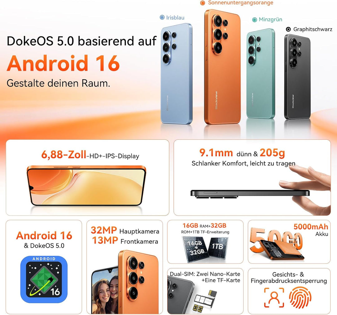 Blackview Wave 10C Handy Ohne Vertrag, 6,88" HD+ IPS Android 16 Smartphone, 16GB+32GB/1TB,32MP+13MP,