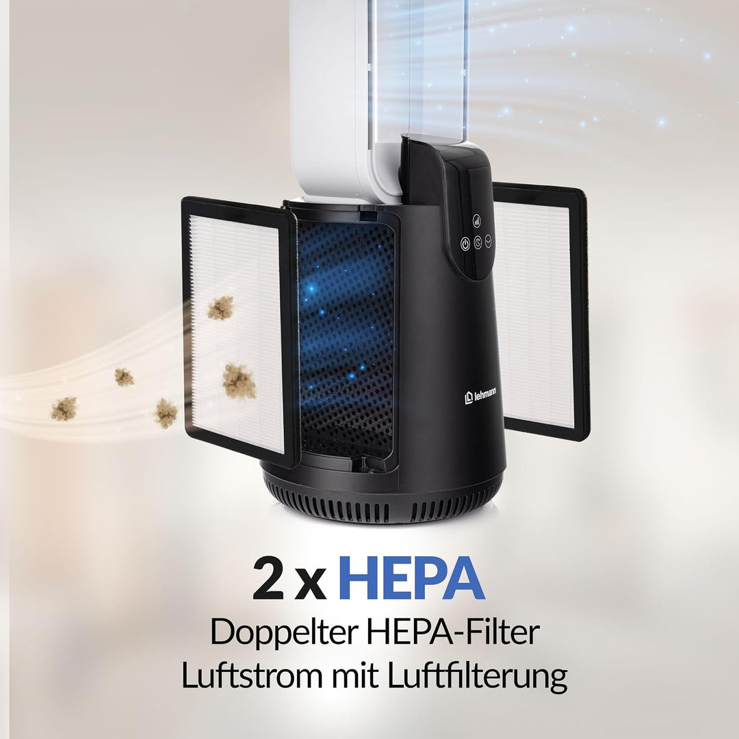 LEHMANN Turmventilator 2-in-1 mit Luftreiniger, 2x Hepa-Filter, leiser Ventilator mit Schlafmodus, 1
