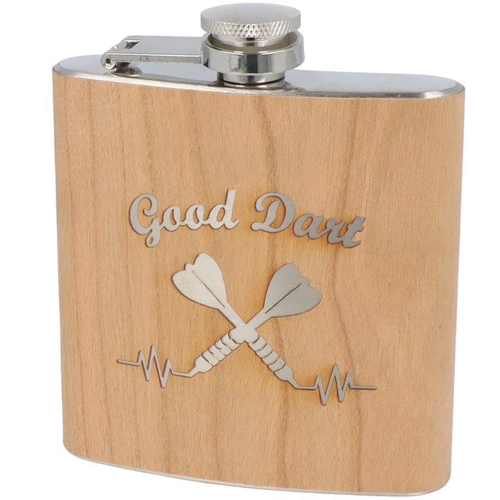 Spruchreif | Flachmann aus Edelstahl mit Gravur | Flachmann aus Holz | Geschenkidee Darts | Outdoor