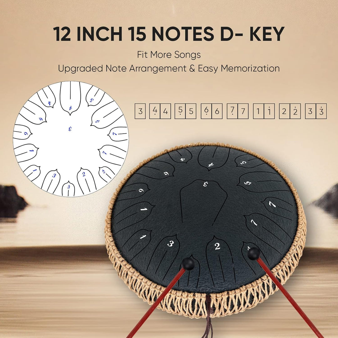 Musfunny Steel Tongue Drum, 12 Zoll 15 Tone Zungentrommel Handpan Trommel, D-Dur Steel Pan Töne Schl